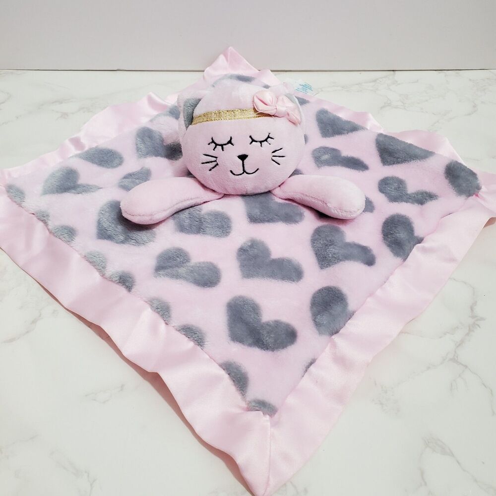 Nursery Rhyme Lovey Kitty Cat Plush Pink Gray Hearts Baby Security Blanket Nunu